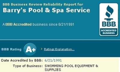 BBB Business Review Reliability Report for: Barry's Pool & Spa Service. BBB Rating A+, swimming pool equipment & supplies.